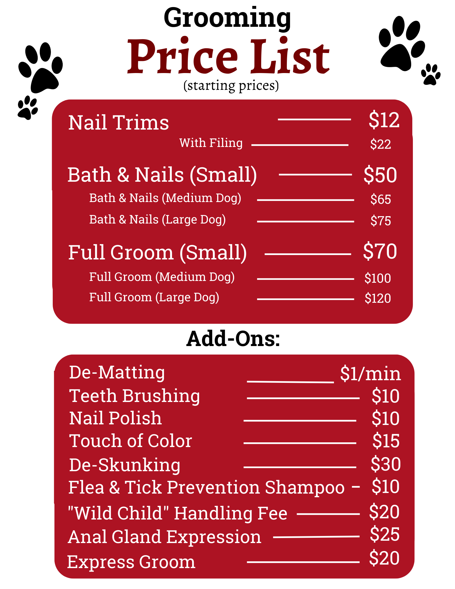 Petsense Grooming Prices - 2n5csg4