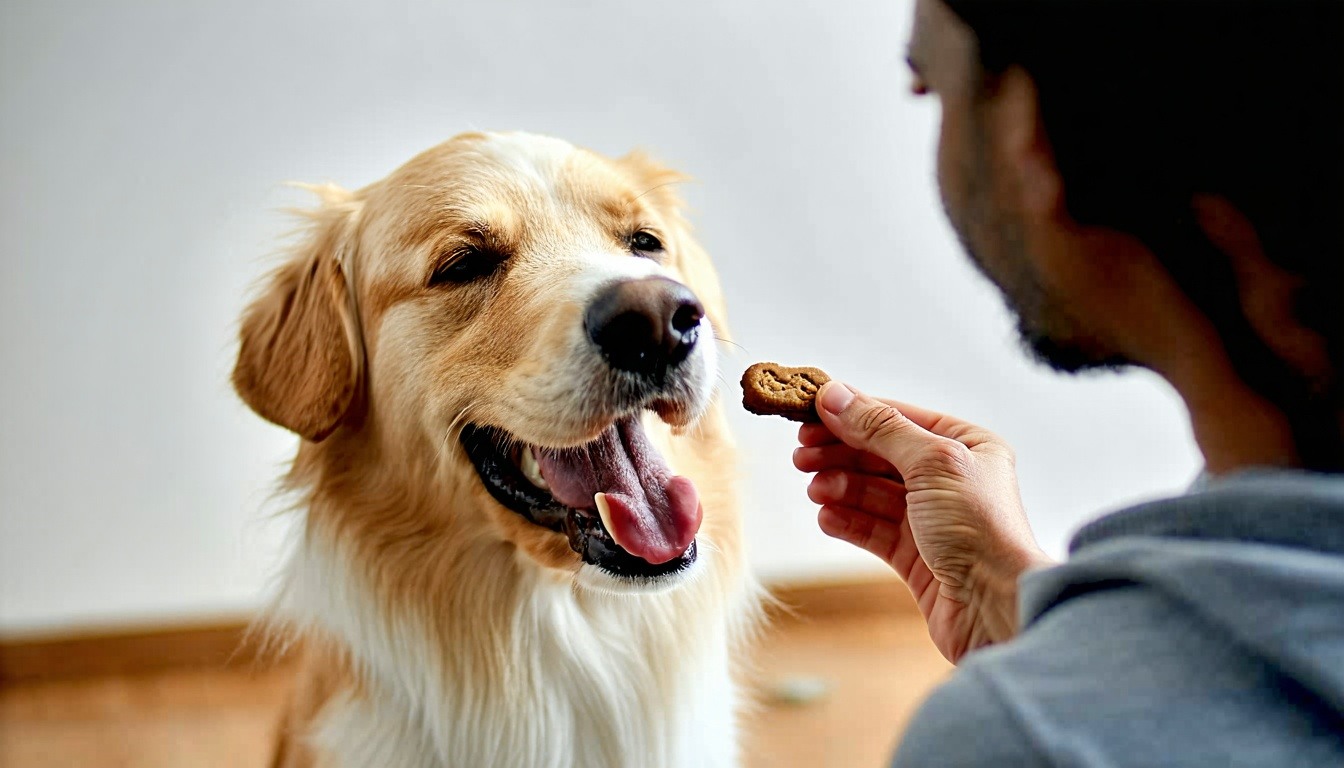 A happy dog receiving a treat from its owner, illu